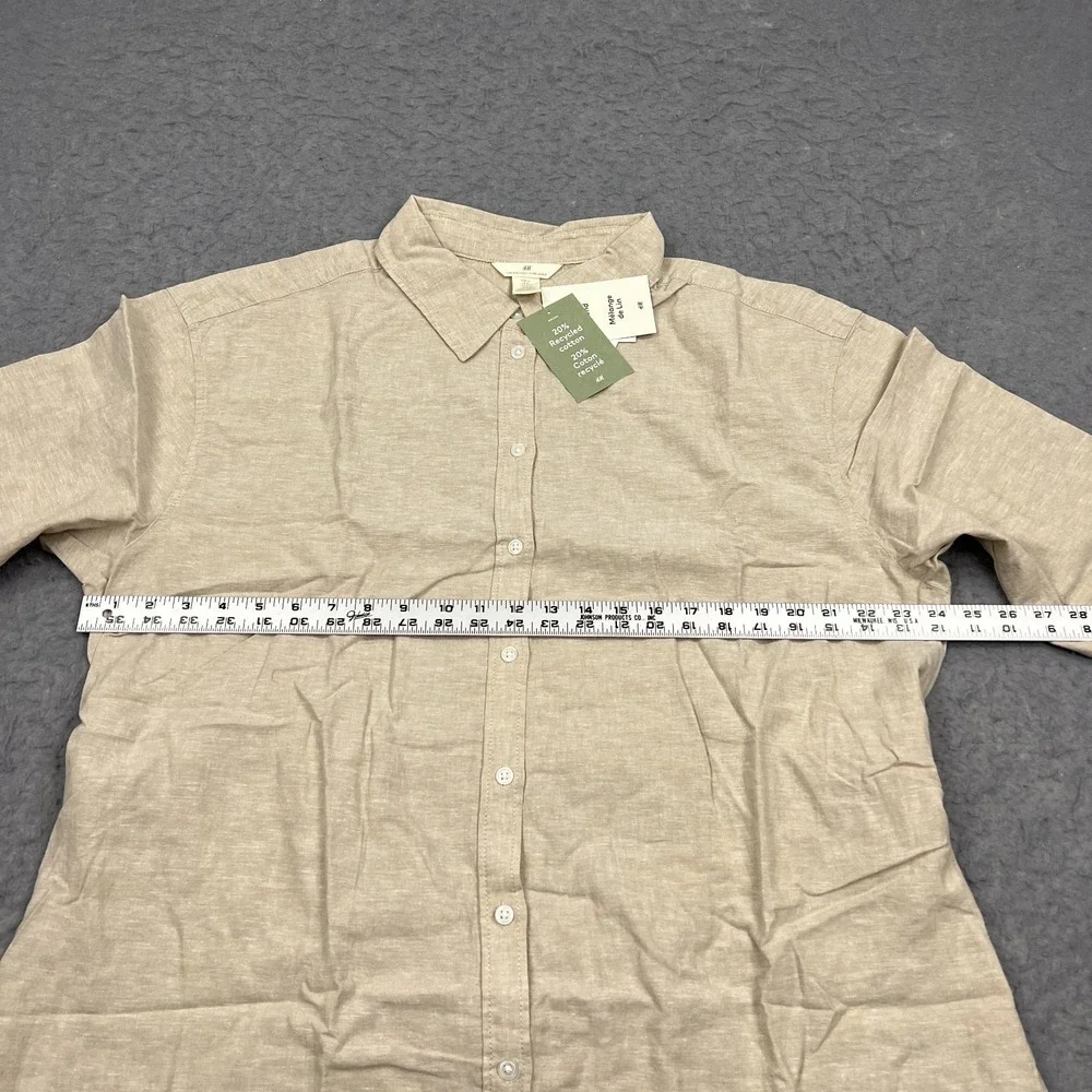 H&M Shirt Dress Women's XL Beige Linen Button Up Front Tie Long Sleeve Lagenlook